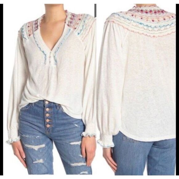 Free People - White Siesta Fiesta Colorful Embroidered Crochet V Neck Top Size S - Picture 9 of 13